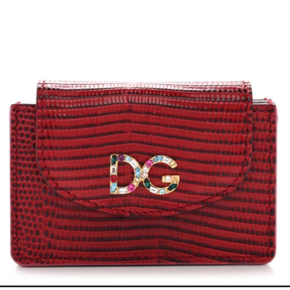 Rare and Exotic Dolce & Gabbana Stampa Iguana Calfskin Card Holder Rosso
